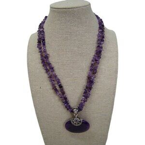 Purple Amethyst Chips 2-Strand Necklace w/ Crown PD Detachable Pendant Gemstone